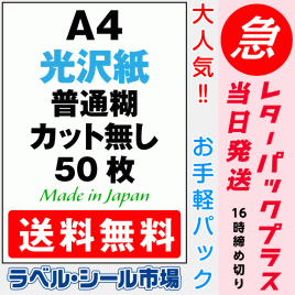 ラベルシールA4ノーカット光沢紙50枚［レーザープリンタ］レターパック発送